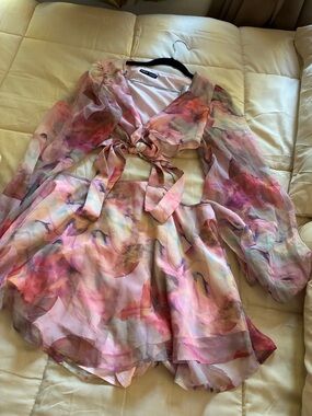 Shein Watercolor Tie-Front Two-Piece Romper in Pink Multi